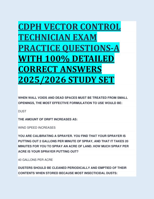 CDPH VECTOR CONTROL  TECHNICIAN EXAM  PRACTICE QUESTIONS-A  WITH 100% DETAILED  CORRECT ANSWERS  2025/2026 STUDY SET 