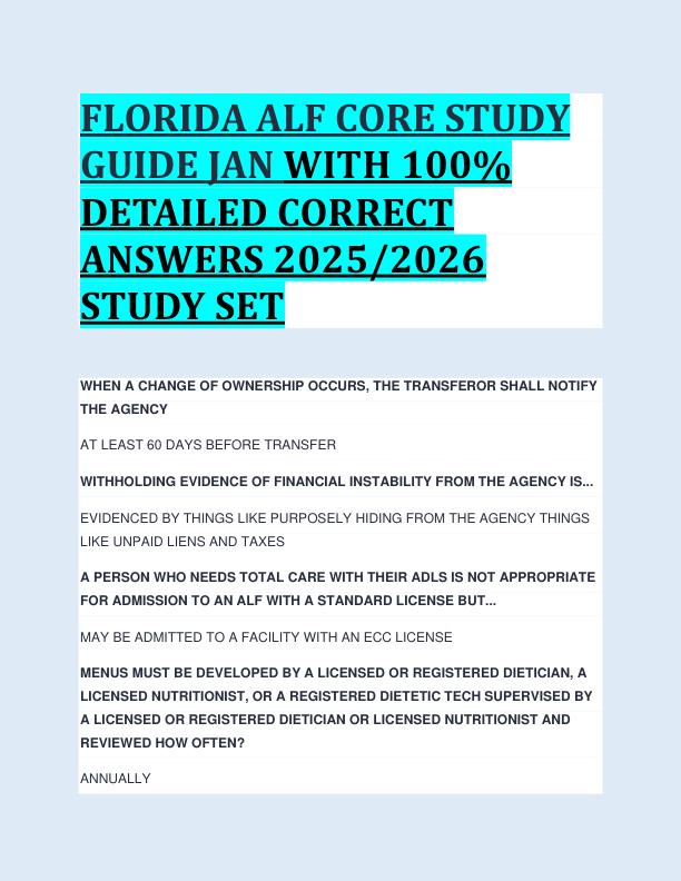 FLORIDA ALF CORE STUDY  GUIDE JAN WITH 100%  DETAILED CORRECT  ANSWERS 2025/2026  STUDY SET 