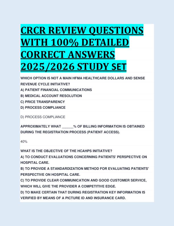CRCR REVIEW QUESTIONS  WITH 100% DETAILED  CORRECT ANSWERS  2025/2026 STUDY SET 