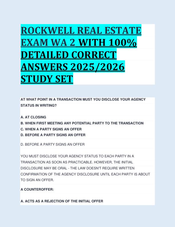 ROCKWELL REAL ESTATE  EXAM WA 2 WITH 100%  DETAILED CORRECT  ANSWERS 2025/2026  STUDY SET 