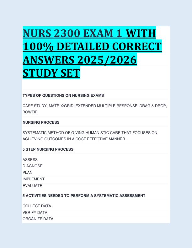 NURS 2300 EXAM 1 WITH  100% DETAILED CORRECT  ANSWERS 2025/2026  STUDY SET 