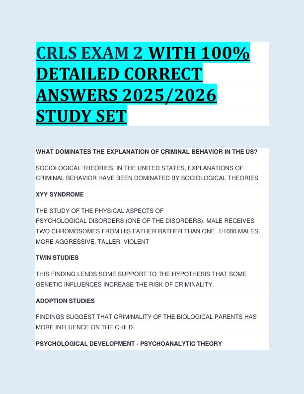 CRLS EXAM 2 WITH 100%  DETAILED CORRECT  ANSWERS 2025/2026  STUDY SET 