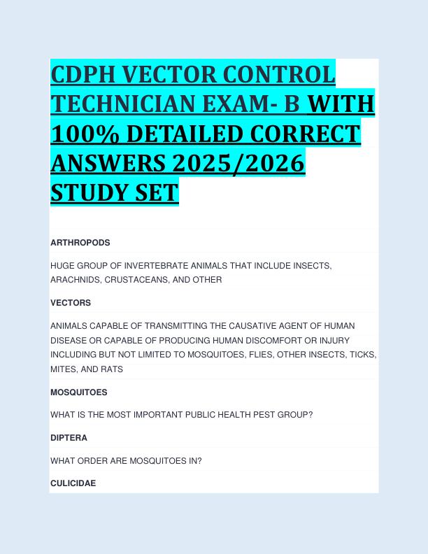 CDPH VECTOR CONTROL  TECHNICIAN EXAM- B WITH  100% DETAILED CORRECT  ANSWERS 2025/2026  STUDY SET 
