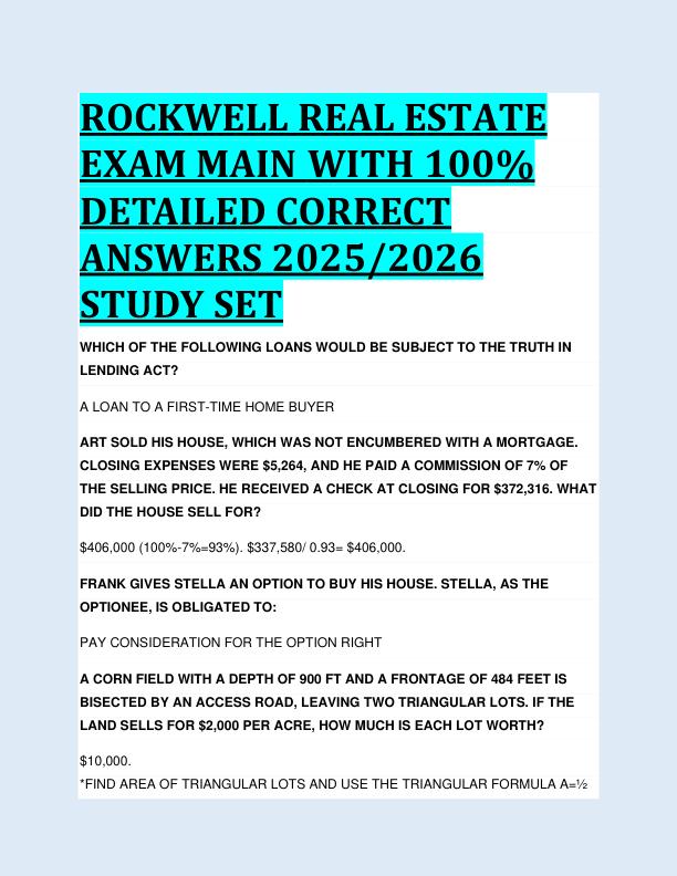 ROCKWELL REAL ESTATE  EXAM MAIN WITH 100%  DETAILED CORRECT  ANSWERS 2025/2026  STUDY SET 
