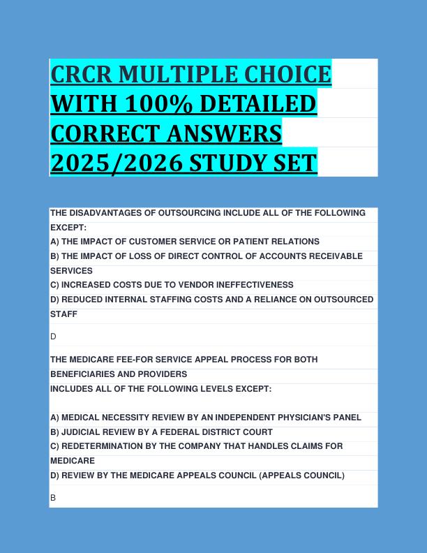 CRCR MULTIPLE CHOICE  WITH 100% DETAILED  CORRECT ANSWERS  2025/2026 STUDY SET 