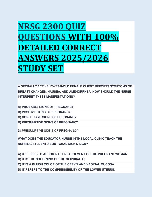 NRSG 2300 QUIZ  QUESTIONS WITH 100%  DETAILED CORRECT  ANSWERS 2025/2026  STUDY SET 