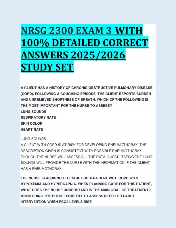 NRSG 2300 EXAM 3 WITH  100% DETAILED CORRECT  ANSWERS 2025/2026  STUDY SET 