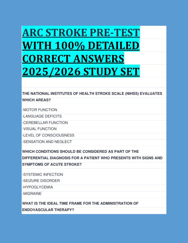 ARC STROKE PRE-TEST  WITH 100% DETAILED  CORRECT ANSWERS  2025/2026 STUDY SET 