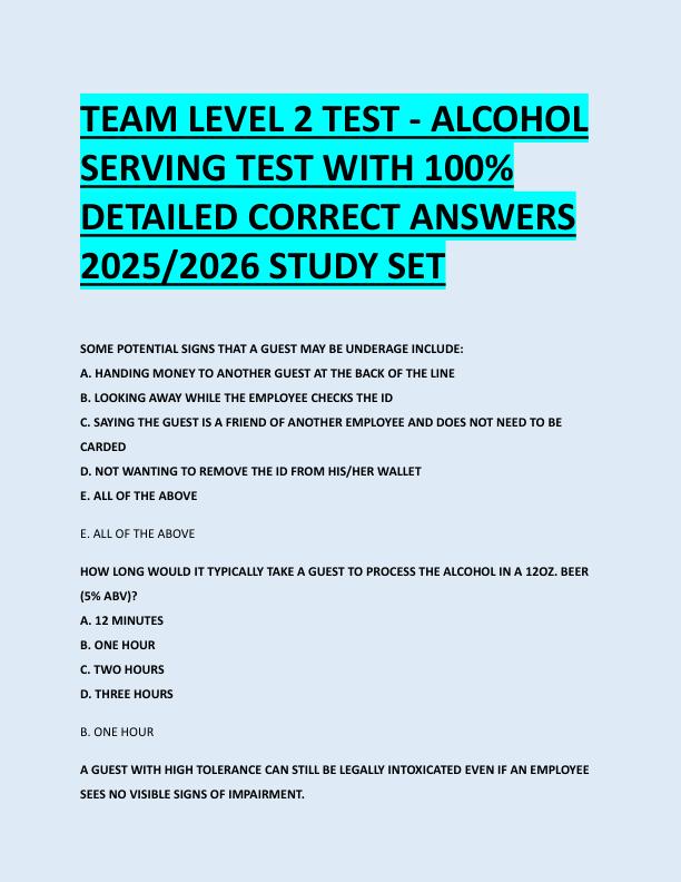 TEAM LEVEL 2 TEST - ALCOHOL  SERVING TEST WITH 100%  DETAILED CORRECT ANSWERS  2025/2026 STUDY SET 
