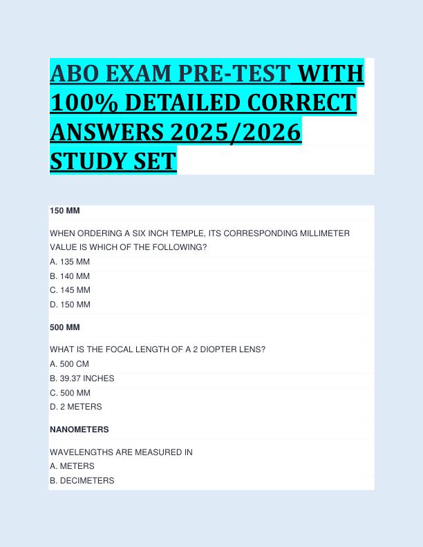 ABO EXAM PRE-TEST WITH  100% DETAILED CORRECT  ANSWERS 2025/2026  STUDY SET 