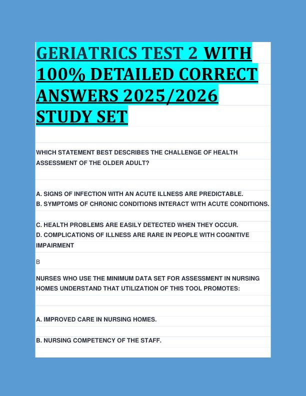GERIATRICS TEST 2 WITH  100% DETAILED CORRECT  ANSWERS 2025/2026  STUDY SET 