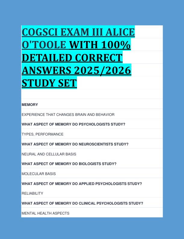 COGSCI EXAM III ALICE  O'TOOLE WITH 100%  DETAILED CORRECT  ANSWERS 2025/2026  STUDY SET 