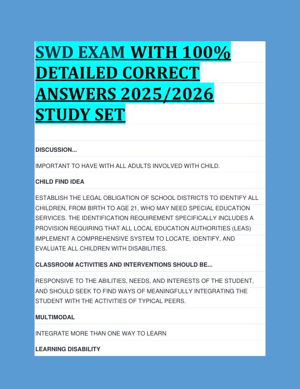 SWD EXAM WITH 100%  DETAILED CORRECT  ANSWERS 2025/2026  STUDY SET 