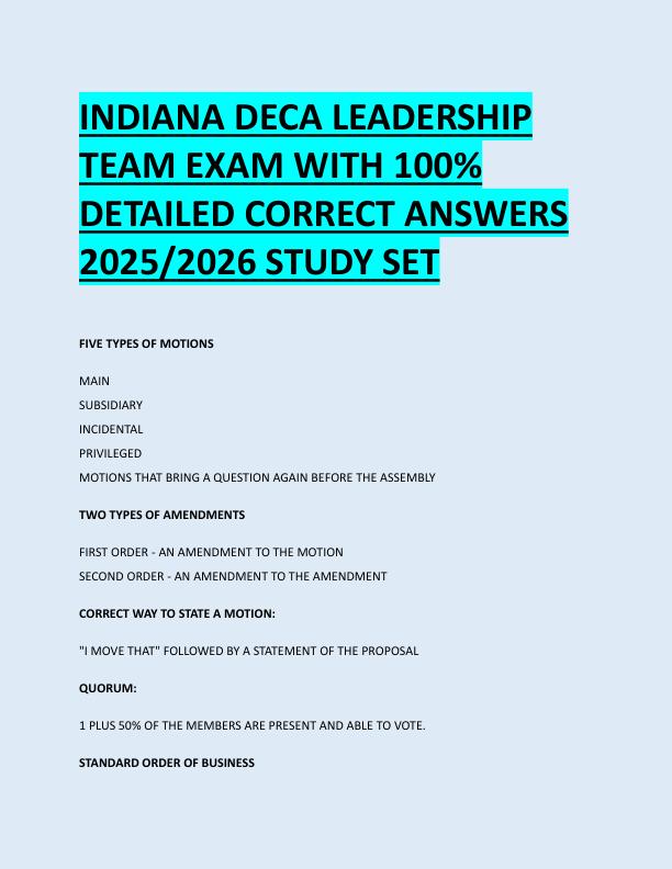 INDIANA DECA LEADERSHIP  TEAM EXAM WITH 100%  DETAILED CORRECT ANSWERS  2025/2026 STUDY SET 
