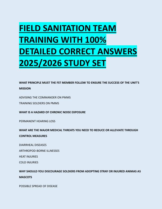 FIELD SANITATION TEAM  TRAINING WITH 100%  DETAILED CORRECT ANSWERS  2025/2026 STUDY SET 