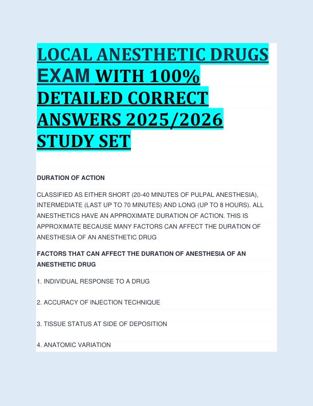 LOCAL ANESTHETIC DRUGS  EXAM WITH 100%  DETAILED CORRECT  ANSWERS 2025/2026  STUDY SET 
