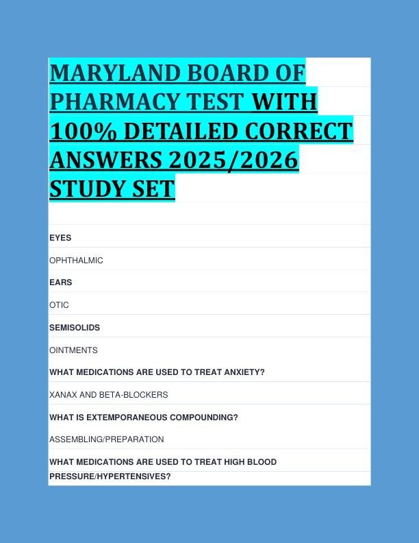 MARYLAND BOARD OF  PHARMACY TEST WITH  100% DETAILED CORRECT  ANSWERS 2025/2026  STUDY SET 