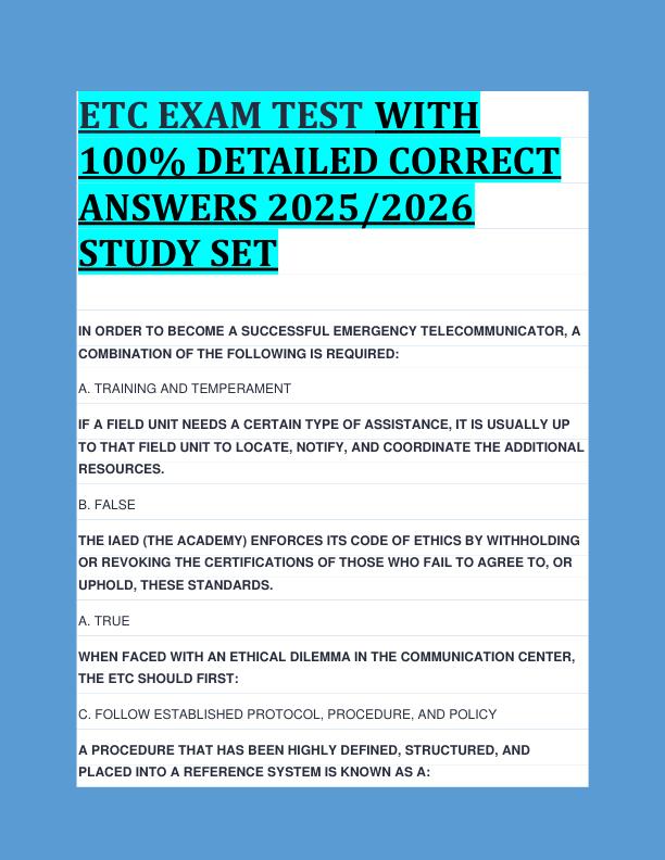 ETC EXAM TEST WITH  100% DETAILED CORRECT  ANSWERS 2025/2026  STUDY SET 