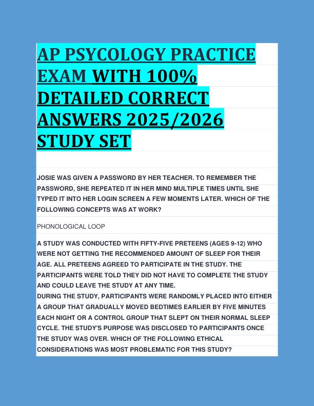 AP PSYCOLOGY PRACTICE  EXAM WITH 100%  DETAILED CORRECT  ANSWERS 2025/2026  STUDY SET AP PSYCOLOGY PRACTICE  EXAM WITH 100%  DETAILED CORRECT  ANSWERS 2025/2026  STUDY SET 
