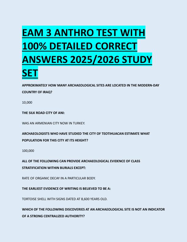 EAM 3 ANTHRO TEST WITH  100% DETAILED CORRECT  ANSWERS 2025/2026 STUDY  SET 