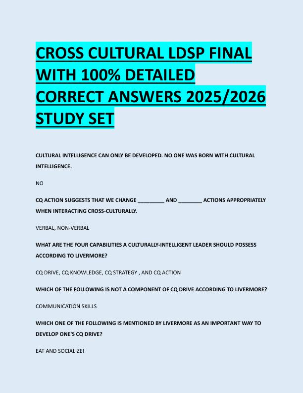 CROSS CULTURAL LDSP FINAL  WITH 100% DETAILED  CORRECT ANSWERS 2025/2026  STUDY SET