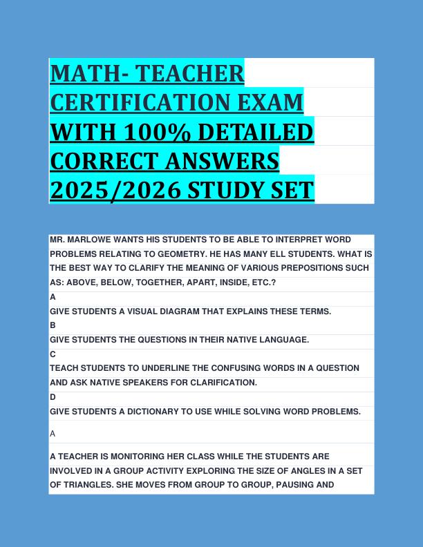 MATH- TEACHER  CERTIFICATION EXAM  WITH 100% DETAILED  CORRECT ANSWERS  2025/2026 STUDY SET 