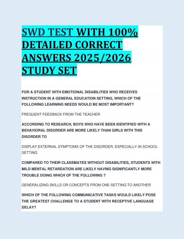 SWD TEST WITH 100%  DETAILED CORRECT  ANSWERS 2025/2026  STUDY SET 