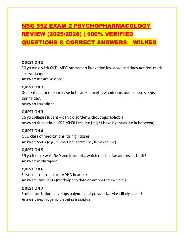 NSG 552 EXAM 2 PSYCHOPHARMACOLOGY REVIEW