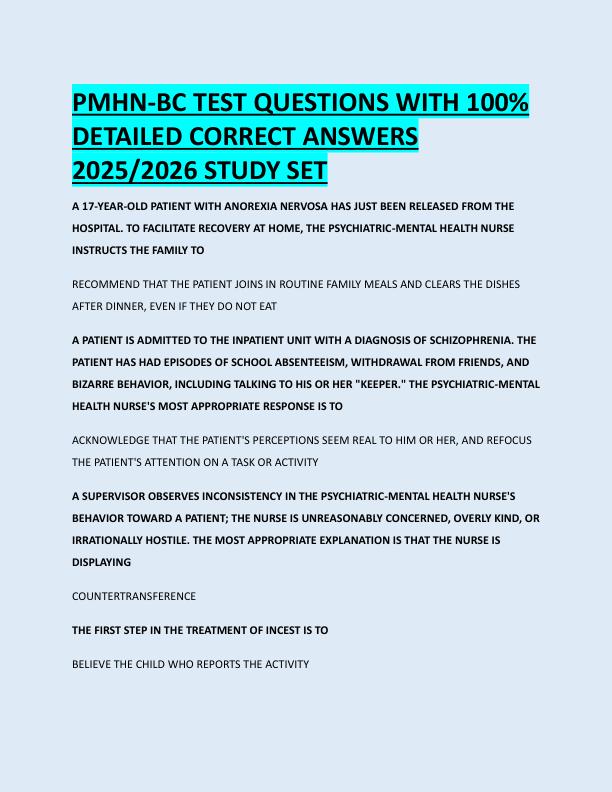PMHN-BC TEST QUESTIONS WITH 100%  DETAILED CORRECT ANSWERS  2025/2026 STUDY SET 