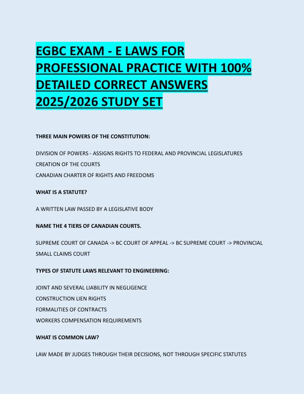 EGBC EXAM - E LAWS FOR  PROFESSIONAL PRACTICE WITH 100%  DETAILED CORRECT ANSWERS  2025/2026 STUDY SET 