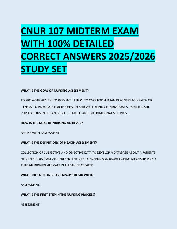 CNUR 107 MIDTERM EXAM  WITH 100% DETAILED  CORRECT ANSWERS 2025/2026  STUDY SET 