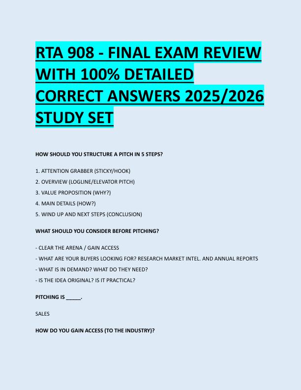 RTA 908 - FINAL EXAM REVIEW  WITH 100% DETAILED  CORRECT ANSWERS 2025/2026  STUDY SET 