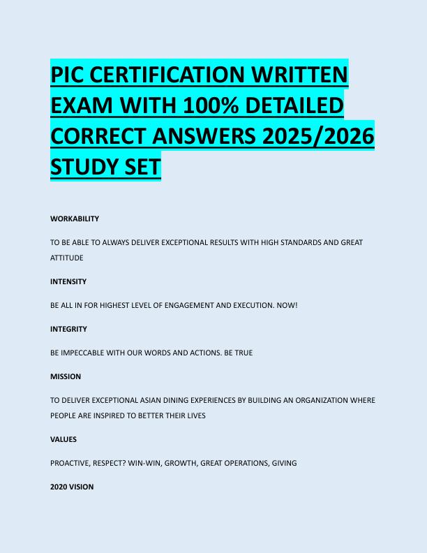 PIC CERTIFICATION WRITTEN  EXAM WITH 100% DETAILED  CORRECT ANSWERS 2025/2026  STUDY SET PIC CERTIFICATION WRITTEN  EXAM WITH 100% DETAILED  CORRECT ANSWERS 2025/2026  STUDY SET 