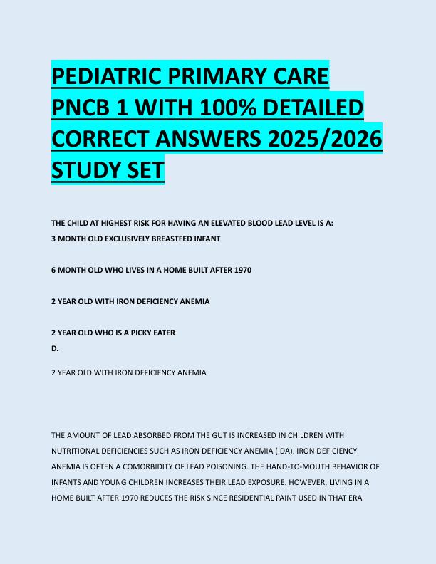 PEDIATRIC PRIMARY CARE  PNCB 1 WITH 100% DETAILED  CORRECT ANSWERS 2025/2026  STUDY SET 