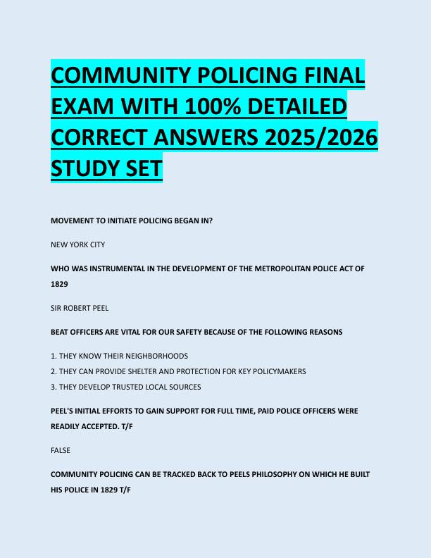COMMUNITY POLICING FINAL  EXAM WITH 100% DETAILED  CORRECT ANSWERS 2025/2026  STUDY SET 