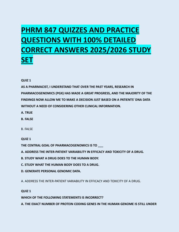 PHRM 847 QUIZZES AND PRACTICE  QUESTIONS WITH 100% DETAILED  CORRECT ANSWERS 2025/2026 STUDY  SET 