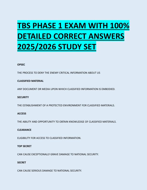 TBS PHASE 1 EXAM WITH 100%  DETAILED CORRECT ANSWERS  2025/2026 STUDY SET 