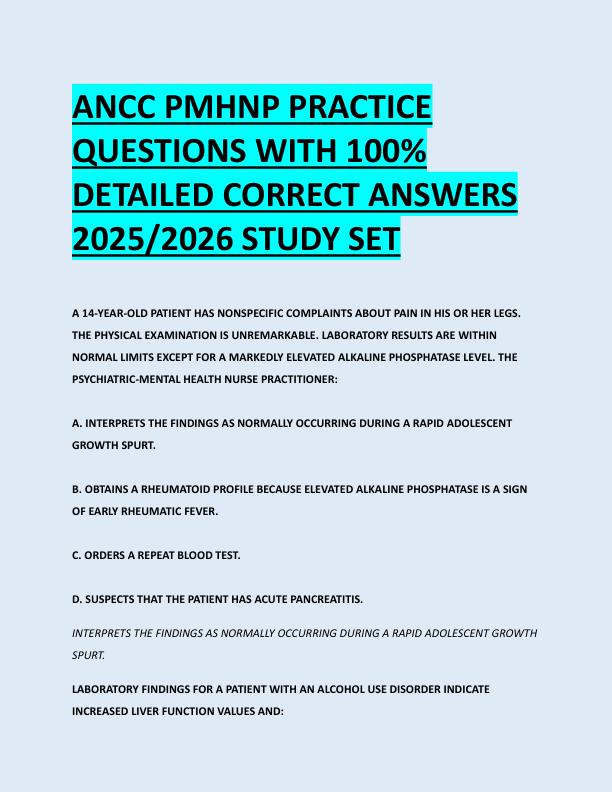ANCC PMHNP PRACTICE  QUESTIONS WITH 100%  DETAILED CORRECT ANSWERS  2025/2026 STUDY SET 