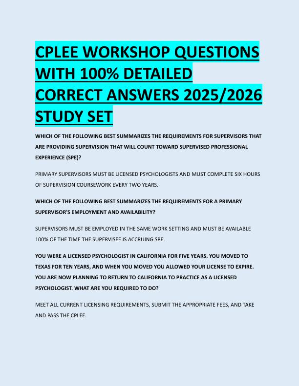 CPLEE WORKSHOP QUESTIONS  WITH 100% DETAILED  CORRECT ANSWERS 2025/2026  STUDY SET 
