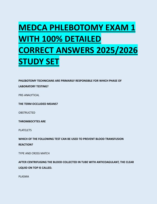 MEDCA PHLEBOTOMY EXAM 1  WITH 100% DETAILED  CORRECT ANSWERS 2025/2026  STUDY SET 