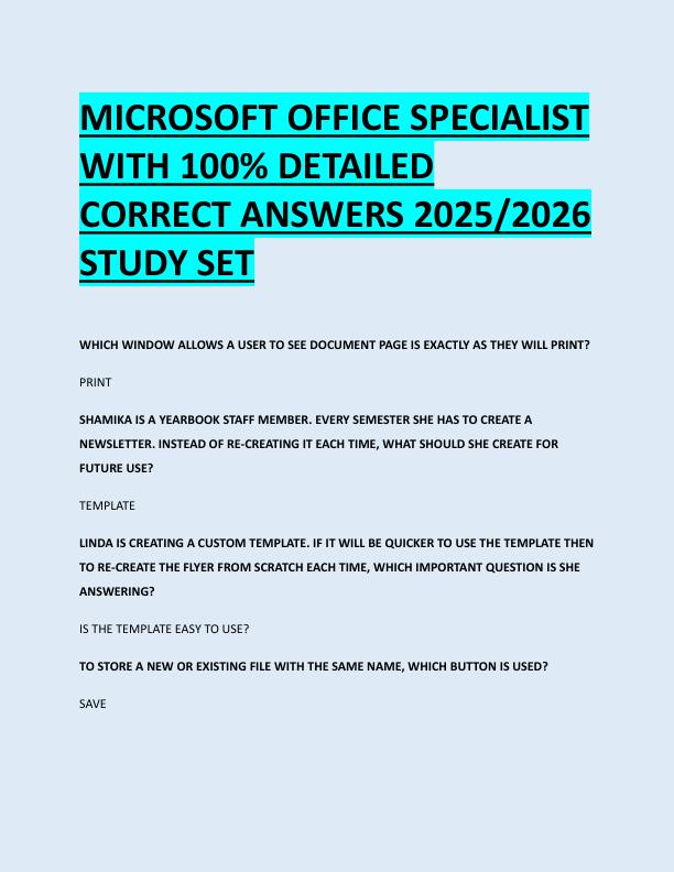 MICROSOFT OFFICE SPECIALIST  WITH 100% DETAILED  CORRECT ANSWERS 2025/2026  STUDY SET 