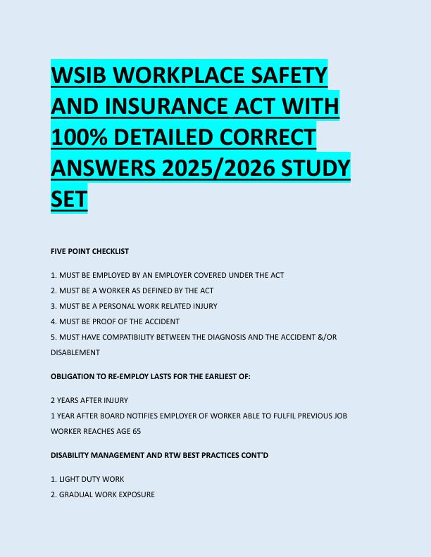WSIB WORKPLACE SAFETY  AND INSURANCE ACT WITH  100% DETAILED CORRECT  ANSWERS 2025/2026 STUDY  SET 