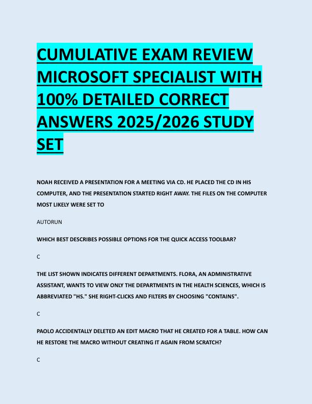 CUMULATIVE EXAM REVIEW  MICROSOFT SPECIALIST WITH  100% DETAILED CORRECT  ANSWERS 2025/2026 STUDY  SET 