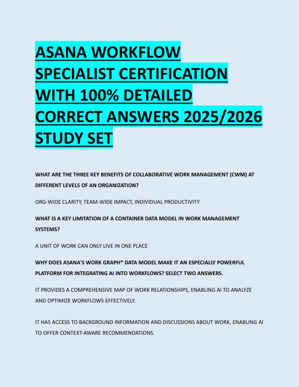 ASANA WORKFLOW  SPECIALIST CERTIFICATION  WITH 100% DETAILED  CORRECT ANSWERS 2025/2026  STUDY SET 