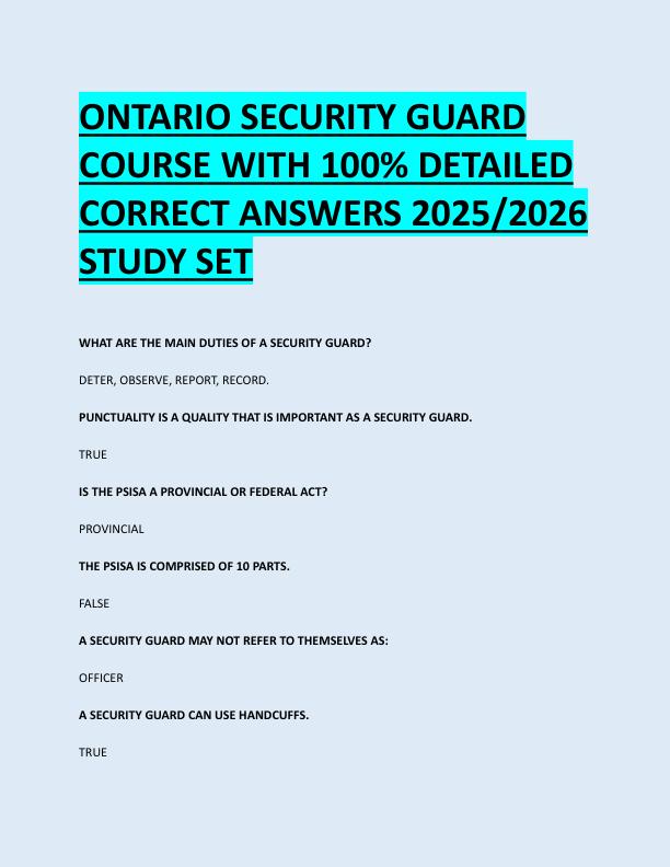 ONTARIO SECURITY GUARD  COURSE WITH 100% DETAILED  CORRECT ANSWERS 2025/2026  STUDY SET 