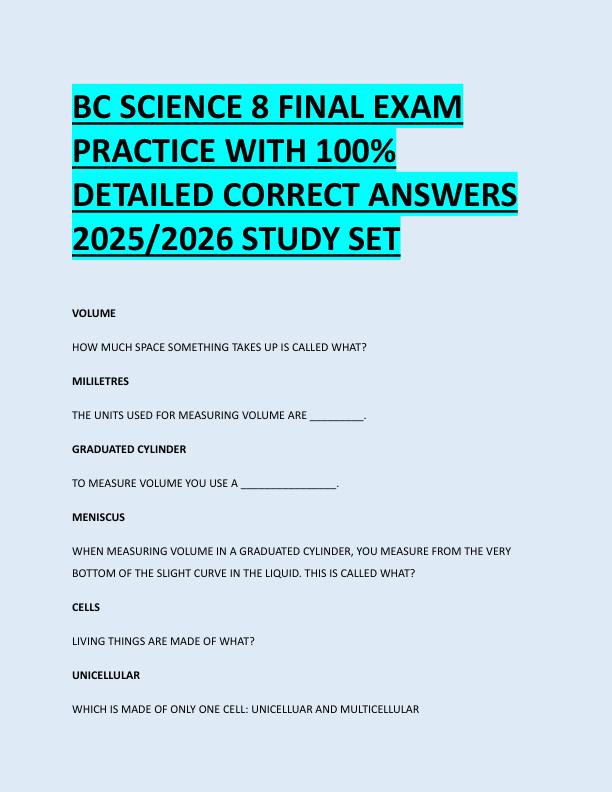 BC SCIENCE 8 FINAL EXAM  PRACTICE WITH 100%  DETAILED CORRECT ANSWERS  2025/2026 STUDY SET 