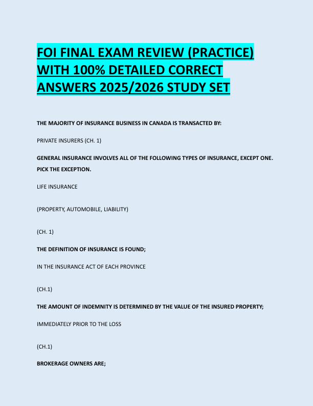 FOI FINAL EXAM REVIEW (PRACTICE)  WITH 100% DETAILED CORRECT  ANSWERS 2025/2026 STUDY SET 
