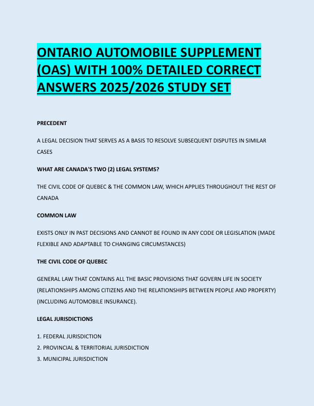 ONTARIO AUTOMOBILE SUPPLEMENT  (OAS) WITH 100% DETAILED CORRECT  ANSWERS 2025/2026 STUDY SET 