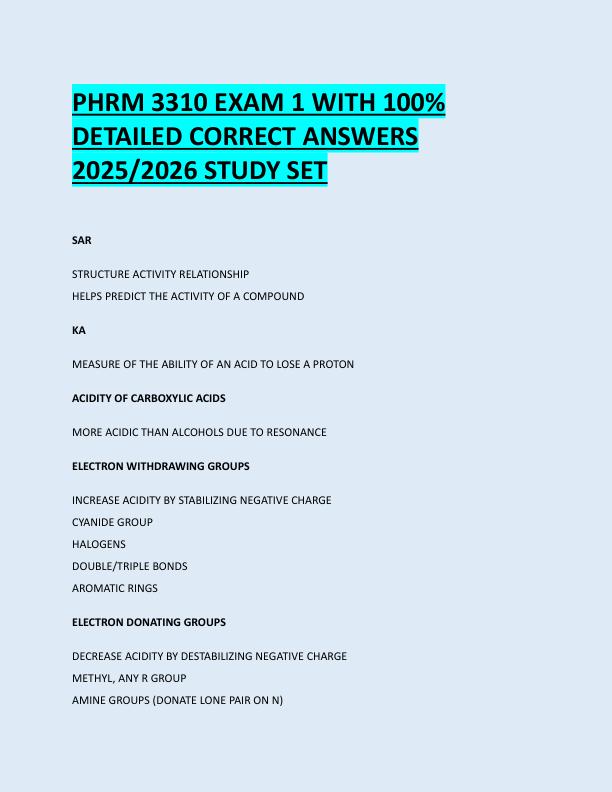 PHRM 3310 EXAM 1 WITH 100%  DETAILED CORRECT ANSWERS  2025/2026 STUDY SET 