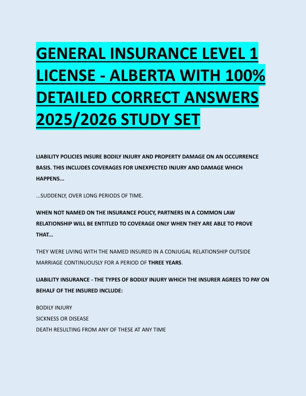 GENERAL INSURANCE LEVEL 1  LICENSE - ALBERTA WITH 100%  DETAILED CORRECT ANSWERS  2025/2026 STUDY SET 